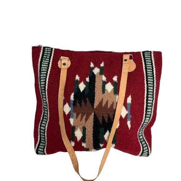 Vintage red wool kilim southwestern large carryall carpet tote bag - Picture 3 of 14